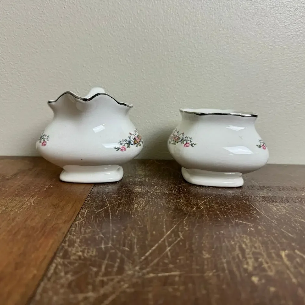 1930s WS George LIDO White Creamer &‎ Sugar Bowl Pink Roses Silver Platinum Trim